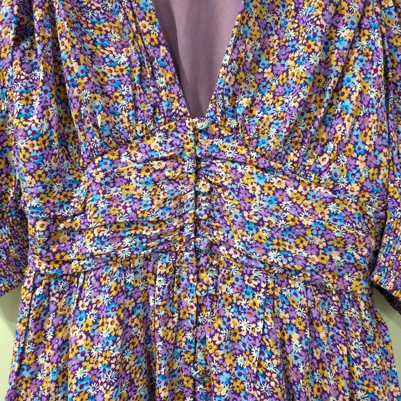 Zara Purple Blue Yellow Floral Puff Smocked Sleeve Sundress Mini, Deep Vneck, S - Picture 4 of 16